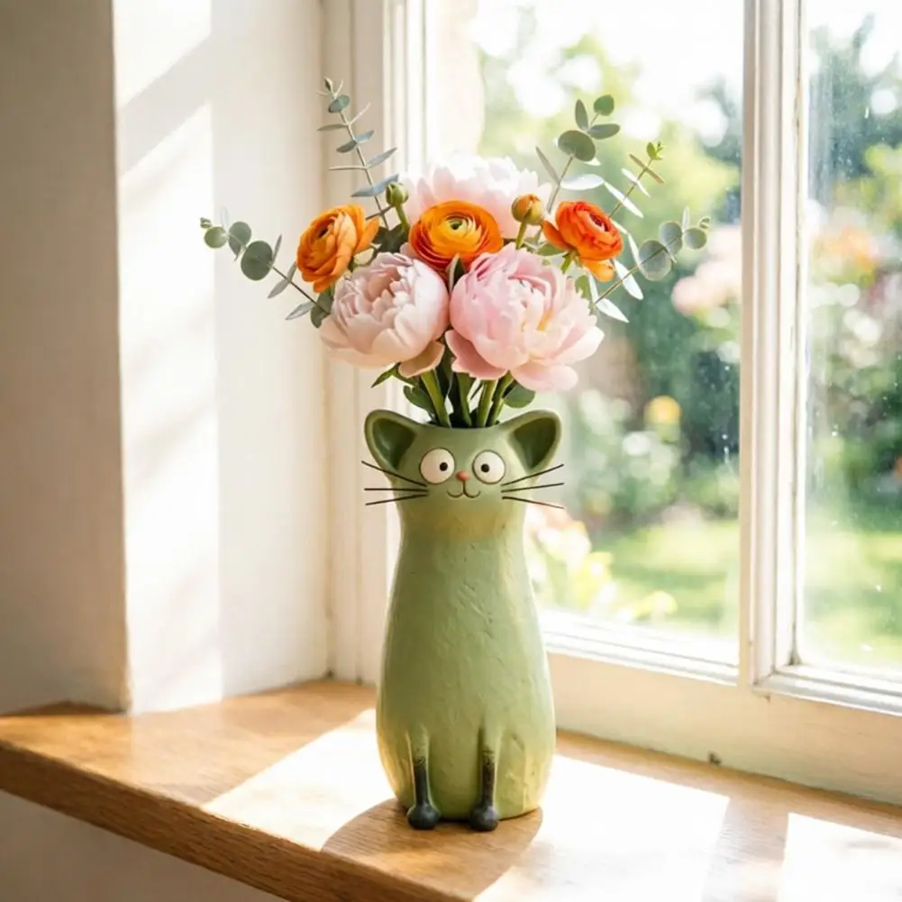 Cute Resin Cat Vase Handcrafted Whimsical Kitty Flower Planter Boho Cozy Nook Decor Desk Shelf Ornament for Cat Lovers