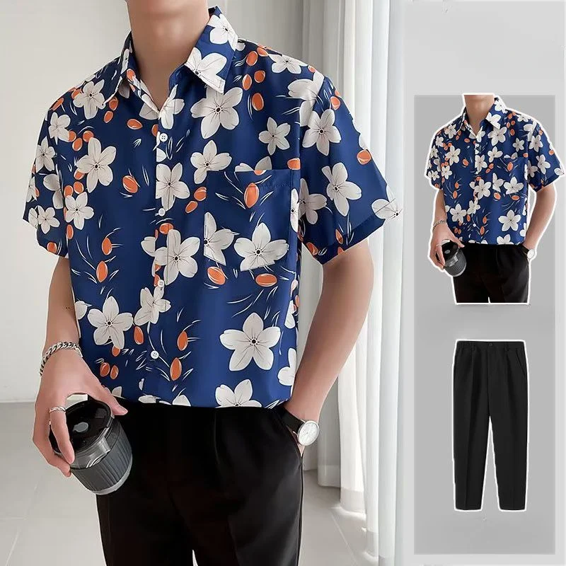 

Mens Hawaiian Shirts Pants Sets Flower Print Beach Short Sleeve Causal Vacation Outfits Fashion Sets Two Pieces Beachwear BS92