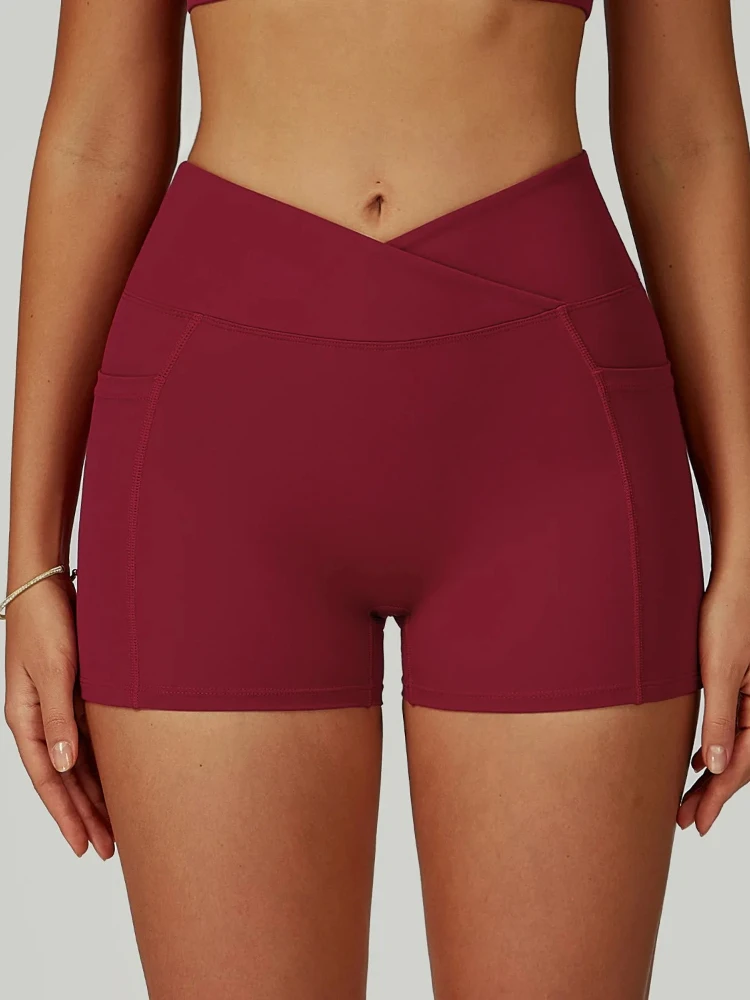 

Women High Waisted Yoga Shorts Cross Waistband Tight Fitting Running Fitness Cycling Sports Workout Activewear Gym Clothing