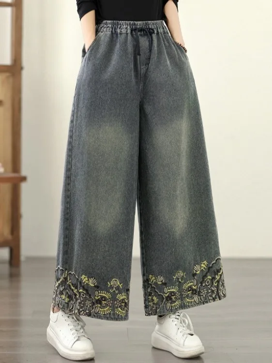 

Retro Washed Denim Jeans High Waist Elastic Waist Casual Pants Slim Wide Leg Long Pants for plus Size Women in Autumn