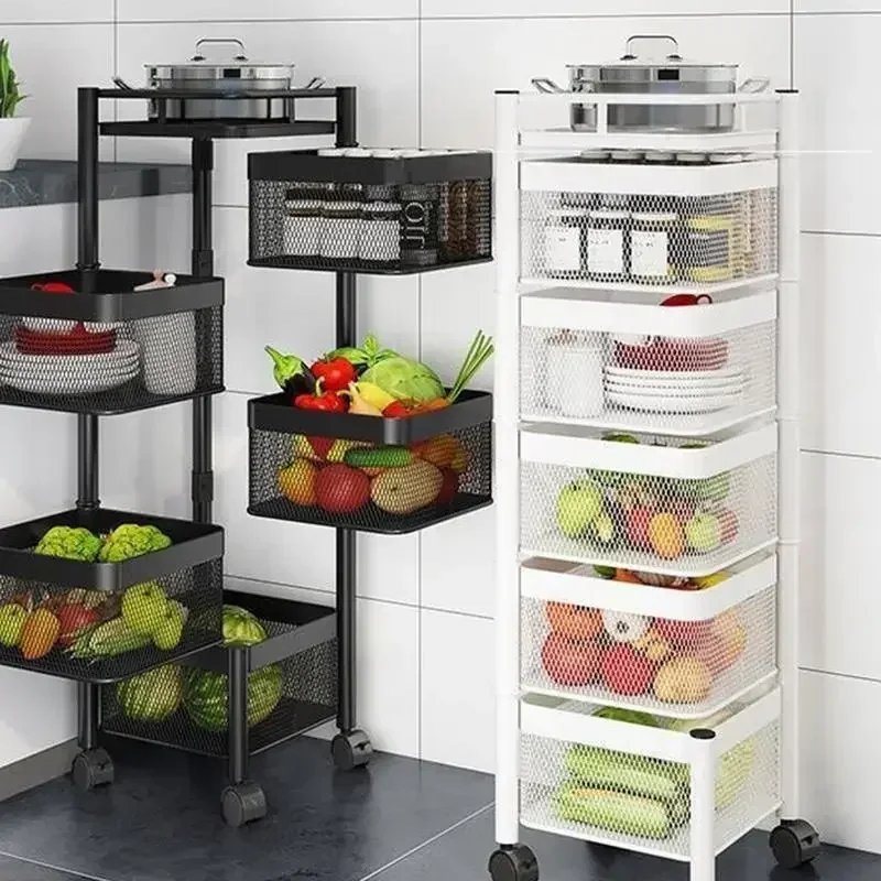 Kitchen Rotatable Fruit Vegetable Shelf with wheel Installation Free Multi-Layer living room Storage Rack for Snacks Fruits