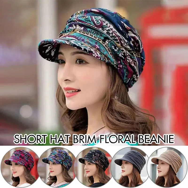 Women Hat Short Brim Warm Foldable Earflap Women Cap Ethnic Style Floral Print Autumn Winter Hat Daily Clothing Turban Visor