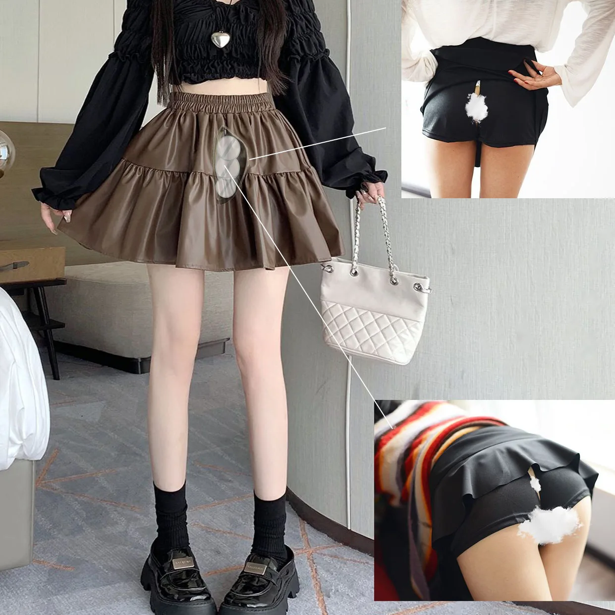 

Summer Faux Leather Pants Pleated Skirt Women Open Crotch Outdoor Sex Pantskirt Culotte High Waist Nightclub Club PU Mini Skort