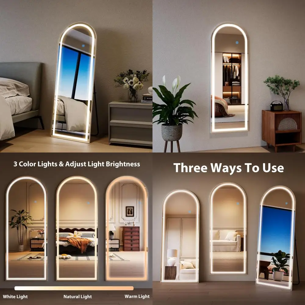 Gewölbter Bodenspiegel in voller Länge mit dimmbaren 3-Farben-Lichtern, 56 x 20 Zoll, stehender Lean-In-Ganzkörperspiegel