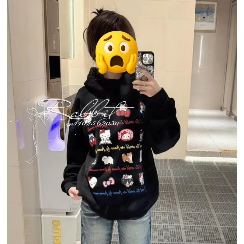 

Autumn/Winter Top Japanese and Korean Fashion Street Cute Y2k Elements Hello Kitty Hoodie Women's Cotton and Velvet Warm Hoodie