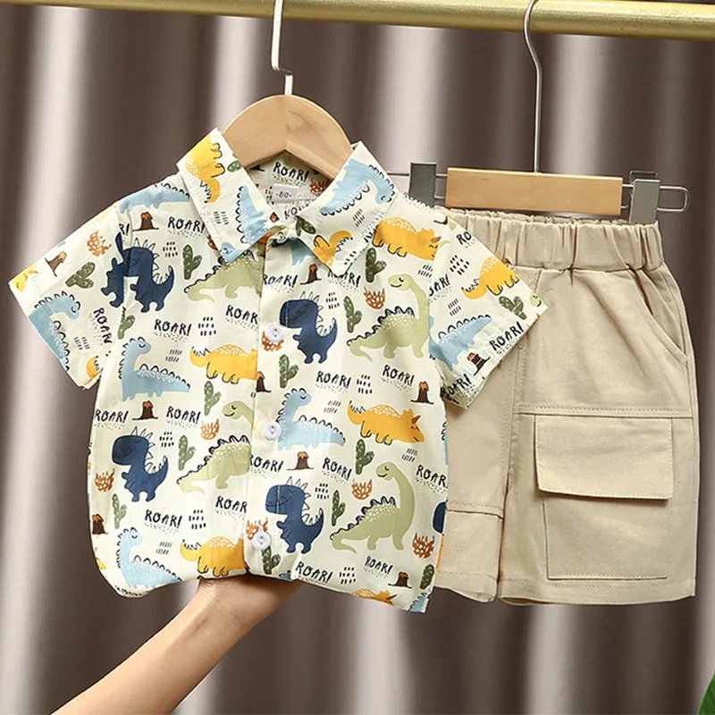 

2Piece Summer Toddler Boy Outfits Fashion Cartoon Cute Dinosaur Print Short Sleeve Cotton Baby Tops+Shorts Children's Sets B004