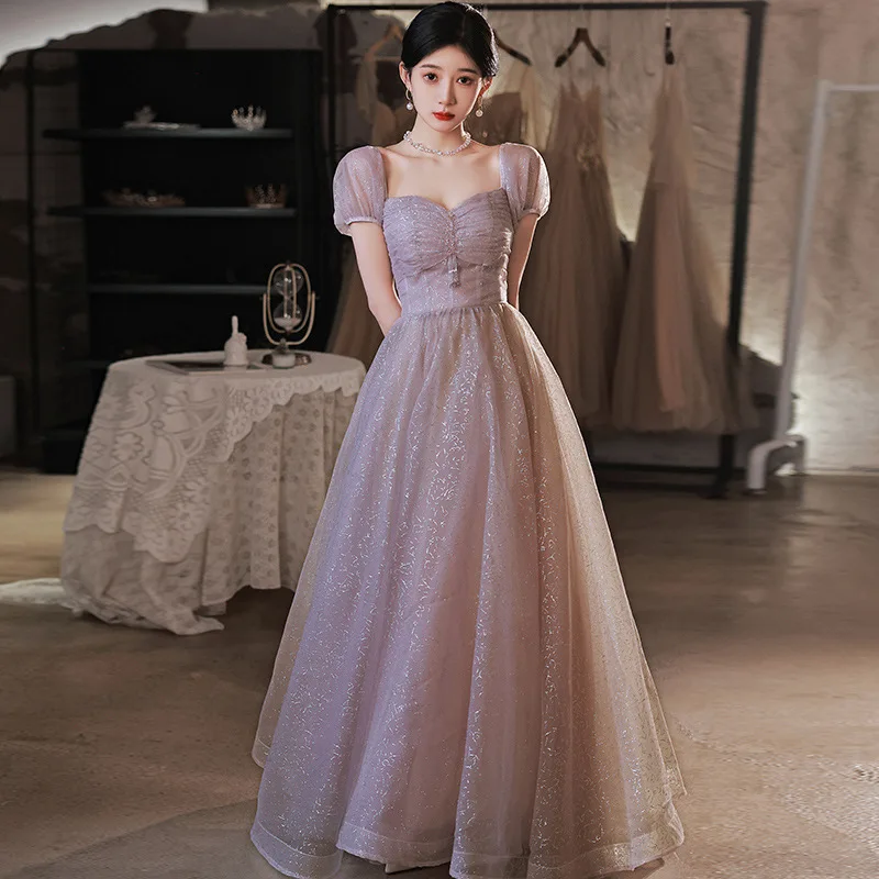 Sexy Tulle Women's Banquet Dress Square Collar Bubble Sleeve Princess Skirt Engagement Wedding Clothing Senior Elegant Vestidos