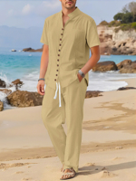 Spring Autumn Men's Fashionable 100%Cotton Linen Shirt Set with Cuban Pocket Short Sleeve Casual Two-Piece Suit
