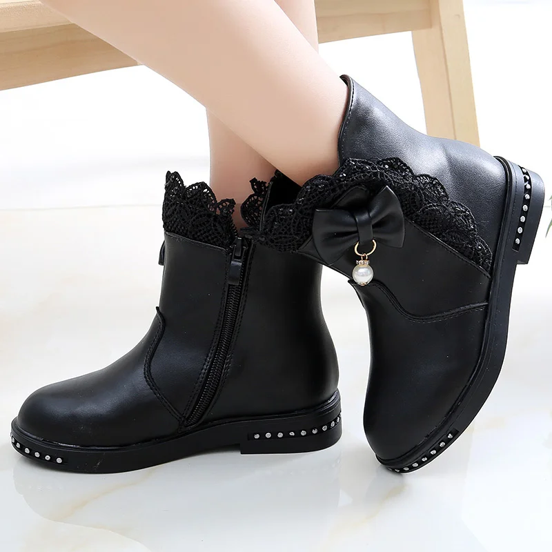 Autumn/Winter ZIP Fashion Cool Baby Girls Warm Lace Bow Beaded Square Heel Round Toe Casual Comfortable Kids Mid Boots