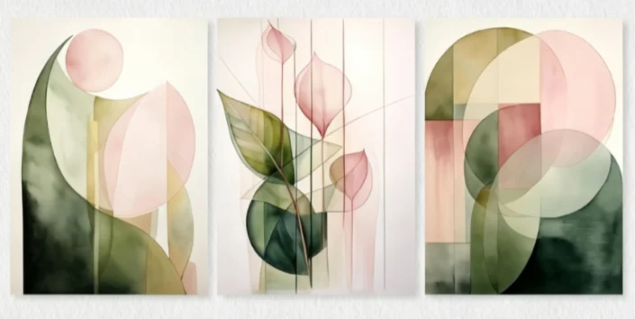 3PCS Boho Abstract Geometric Floral Canvas Wall Art, Pink Green Watercolor Shape Print Minimalist Living Room Home Decor