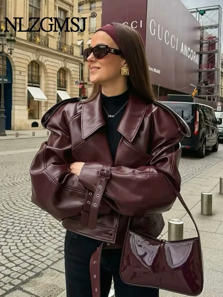 TRAF 2024 Autumn Faux PU Leather Women Motorcycle Jackets With Belt Lapel Loose Coat Female Crop Top Y2K Jacket