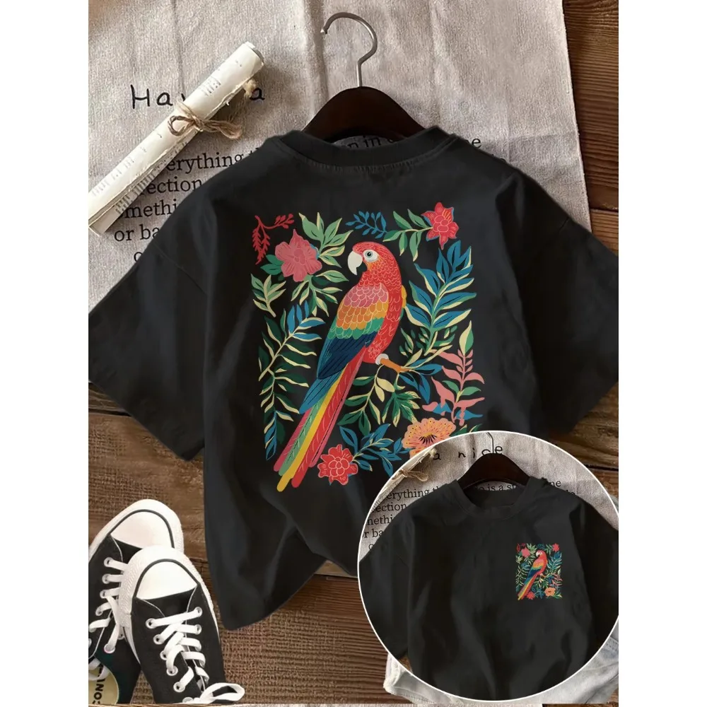 Tropical Parrot Flower Graphic T Shirt Men Women Summer Casual Short Sleeve Crew Neck Loose Tee Vintage Macaw Bird Harajuku Top