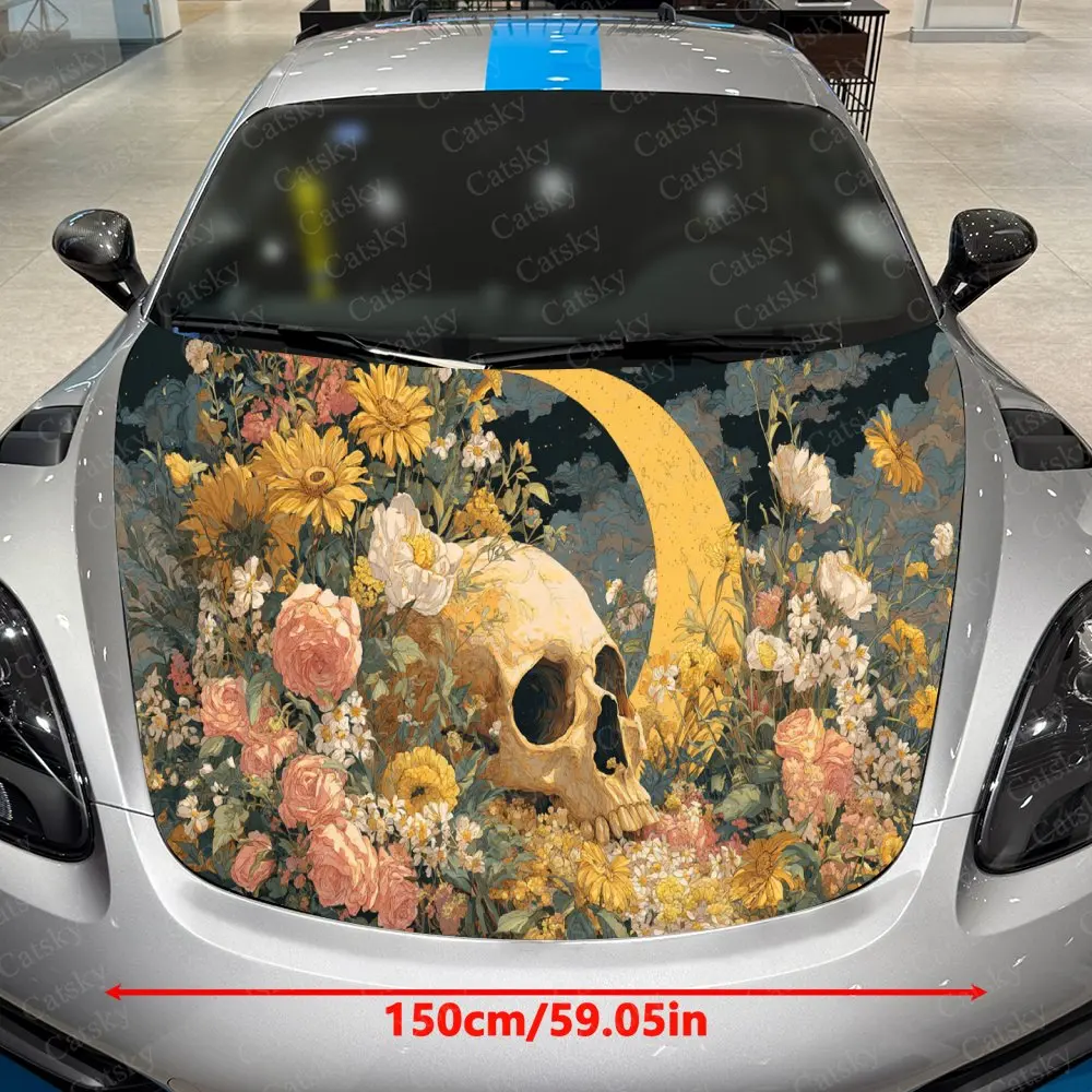 Sunflower-Clustered Skull Car Vinyl Wrap, PVC Waterproof Car Hood Sticker, Self-Adhesive Scratch-Resistant Stickers