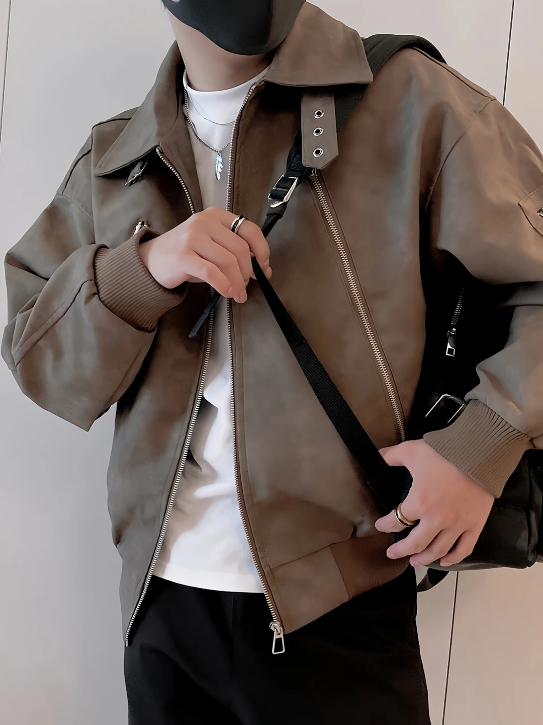 

Men's PU Leather Motorcycle Jaet Sli Haome Spring Autumn Workwear Casual Faion Outerwear Stand Fit Polyester