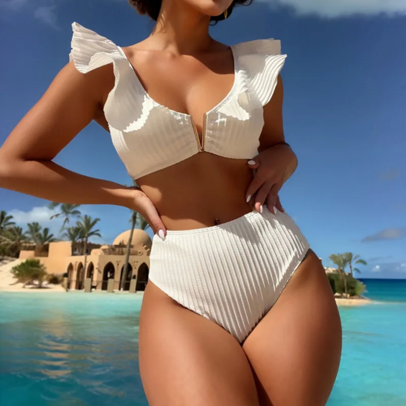 Sexy Ruffle V Cut Female Swimsuit High Waist Bikini Women Swimwear Two-pieces Bikini Set Bather Bathing Suit White Beach Wear