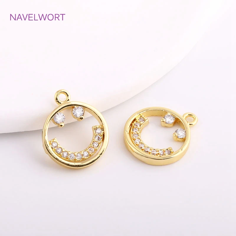 14K Gold Plating Round Hollow Charms Brass Inlaid Zircon Face Pendants For Earrings,DIY Jewelry Making Accessories