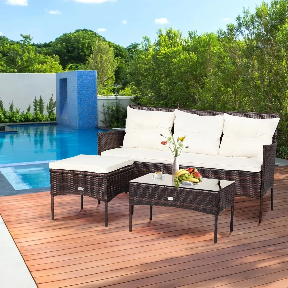 

3PCS Patio Rattan Sectional Conversation Furniture Set w/ Off White/Turqouise Cushions