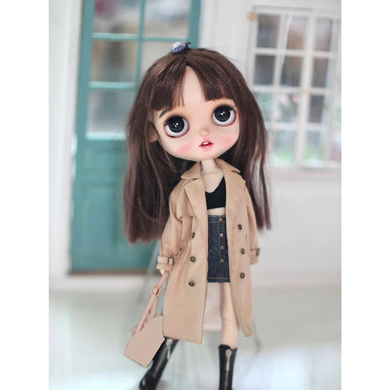 DlBell Autumn Blythe Clothes Fashion Trench Vintage Retros Double Breasted Windbreaker and High Boots for Blyth OB24 Azone Dolls