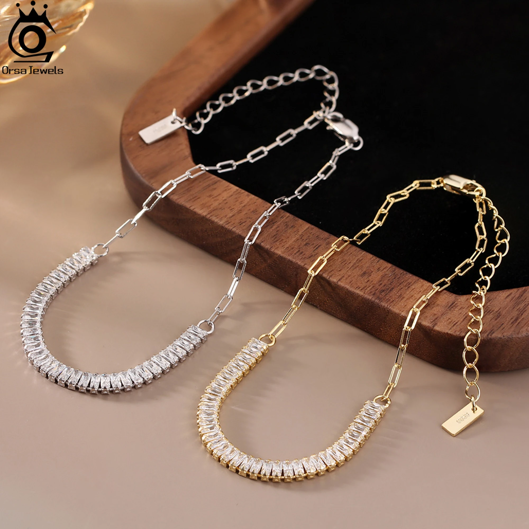 ORSA JEWELS 14K Gold 3.5*1.5mm Emerald Cut Sparkling 5A Cubic Zirconia With PaperClip Chain Tennis Bracelet Retro Present SB215
