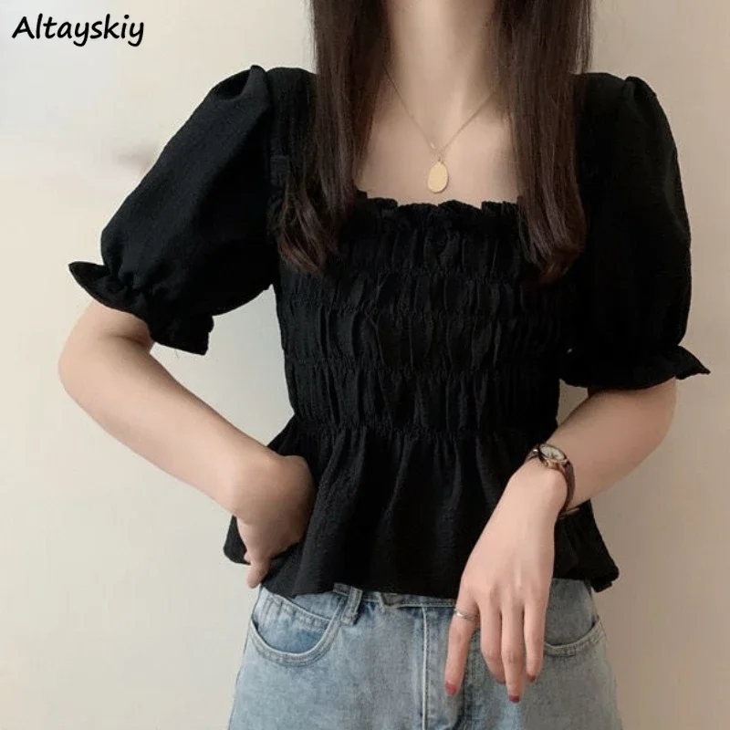 Blouse Women Sweet Fashion Crop Girls New 2021 Puff Sleeve Square Collar Tops Korean Style Solid Simple All-match Party Daily