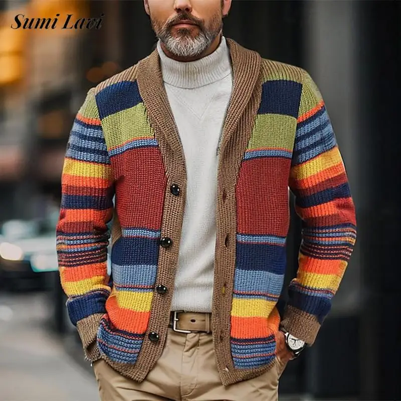 Vintage Striped Crochet Knitted Coats For Men Autumn Winter Stylish Buttoned Lapel Sweater Jackets Mens Casual Knitting Cardigan