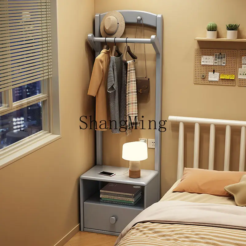 FG solid wood home coat rack integrated bedside table bedroom modern simple storage floor hanger