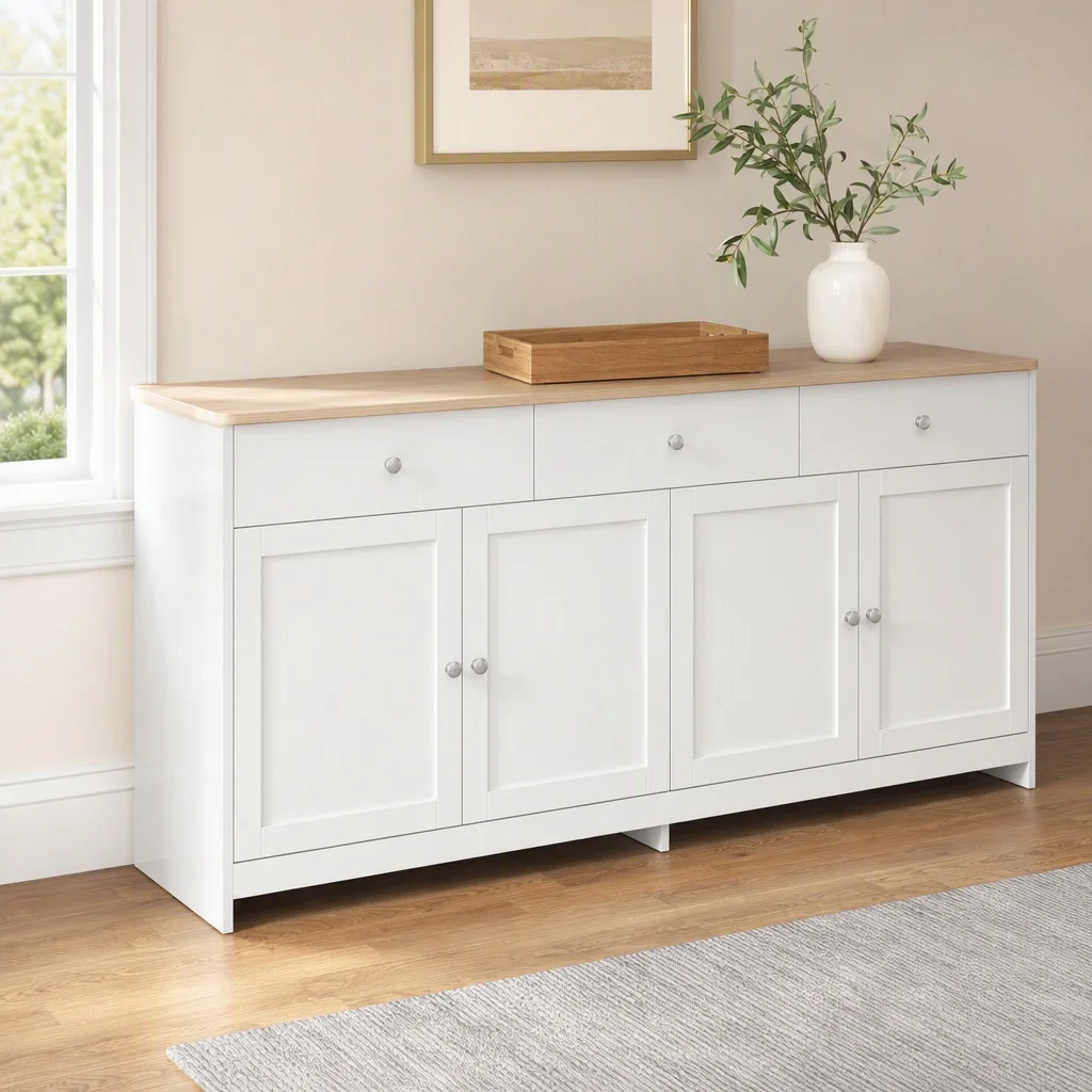 Comanlai, mobile da cucina bianco, credenza, mobile contenitore con 3 cassetti, 4 ante, cassettiera con piano di lavoro, mobile buffet per soggiorno, camera da letto, corridoio.