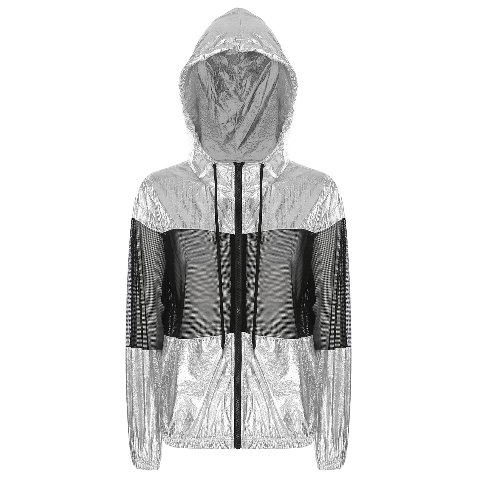 

Women Metallic Shiny Drawstring Hooded Jacket Dance Fashion Long Sleeve Hollow Out Sheer Mesh Patchwork Zipper Hoodie Outerwear