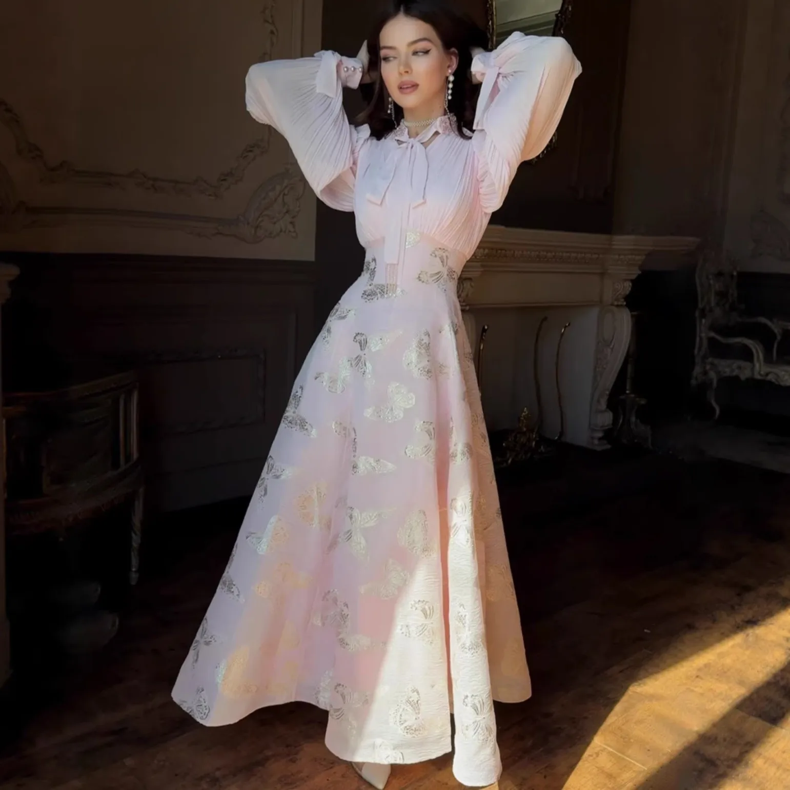 Long Sleeve Hooded Dress Mid Waist Socialite Style with Round Neck Fitting Silhouette Elegant Style Spring One Women Dress