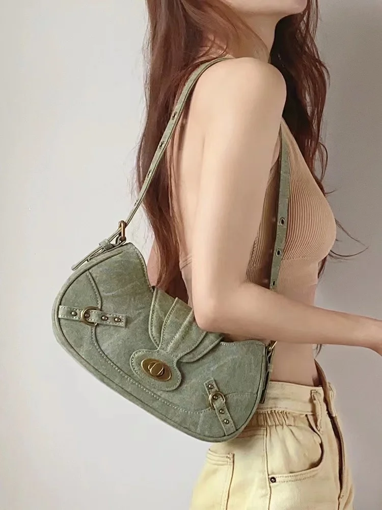 JIAERDI Vintage Rivet Underarm Bag Women Y2k Grunge Hot Girls Zipper Canvas Casual Handbag Ladies Retro Green Shoulder Bag Chic