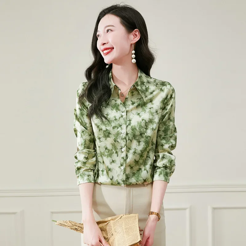 

Spring lapel fashion printing intellectual silk long-sleeved shirt fashion women's shirt top wholesale