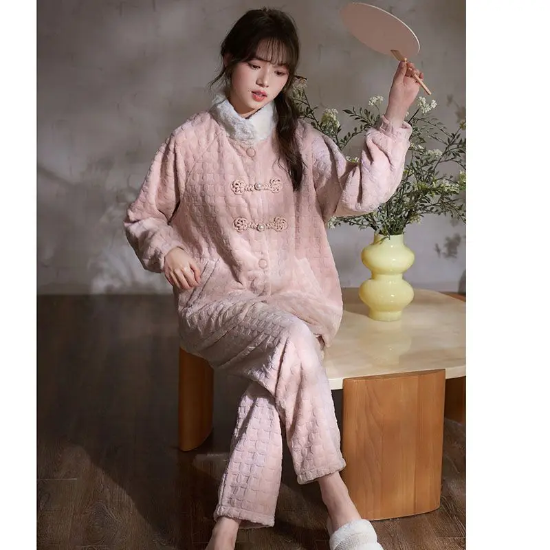 

Новый женский пижамный комплект в китайском стиле, осенне-зимний утепленный пижамный комплект, сохраняющая тепло, домашняя одежда, которую можно носить в качестве верхней одежды, элегантная одежда для сна