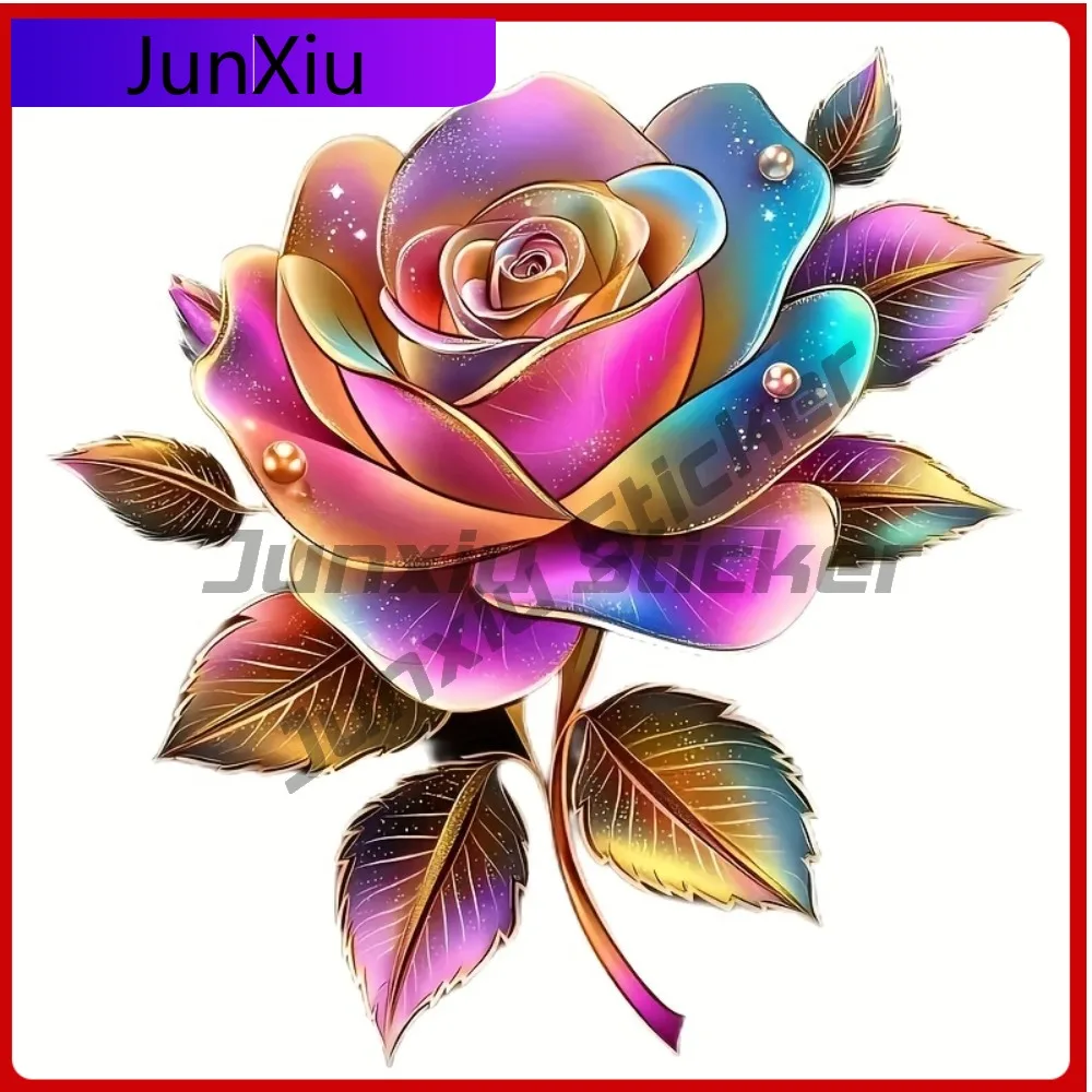

2D Flat Set of Three Large Shiny Multicolored Rainbow Rose Vinyl Stickers Measuring 6 Inches Perfect for Dec Cool Car Laptop