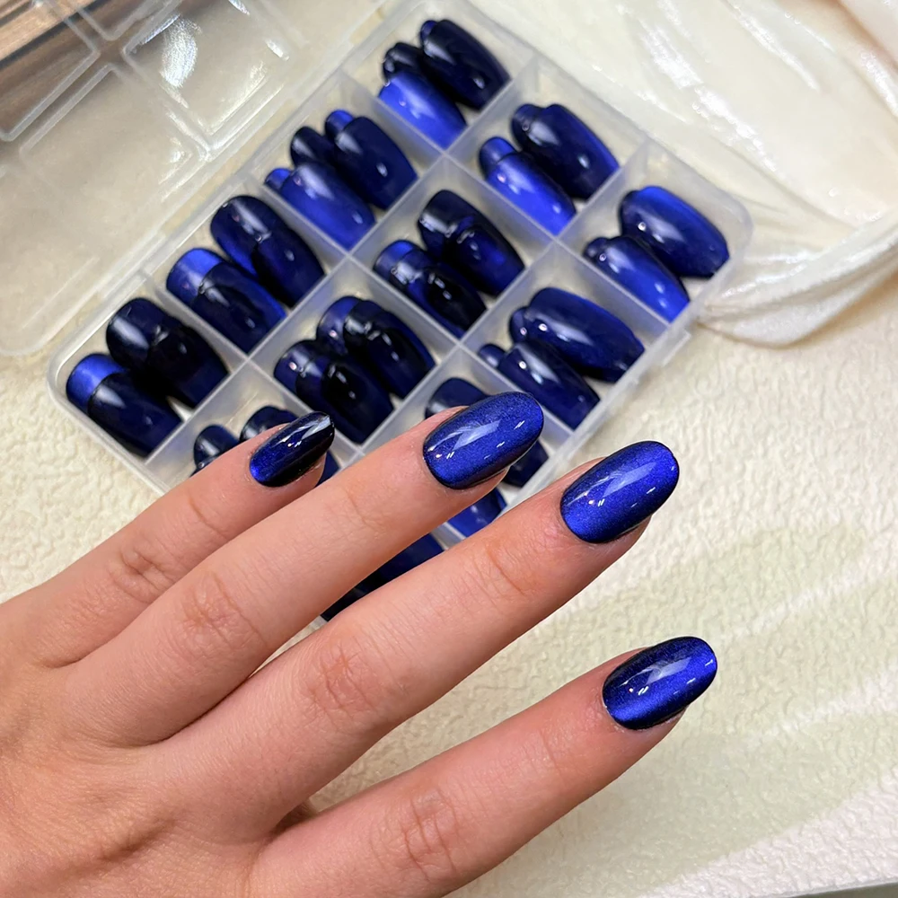 30/144Pcs Glossy Dark Blue Cat Eye False Nails Sparkly  Medium Oval Blue Press On Nails Artificial Full Cover Finger Fake Nails - view 5