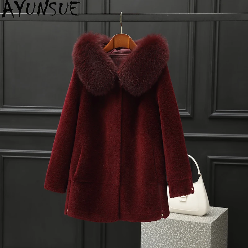 AYUNSUE 100%ウールコート レディース 2025年冬服 フォックスファー襟 羊毛コート 女性用複合毛皮コート パルト ジェンソーレ フーディー