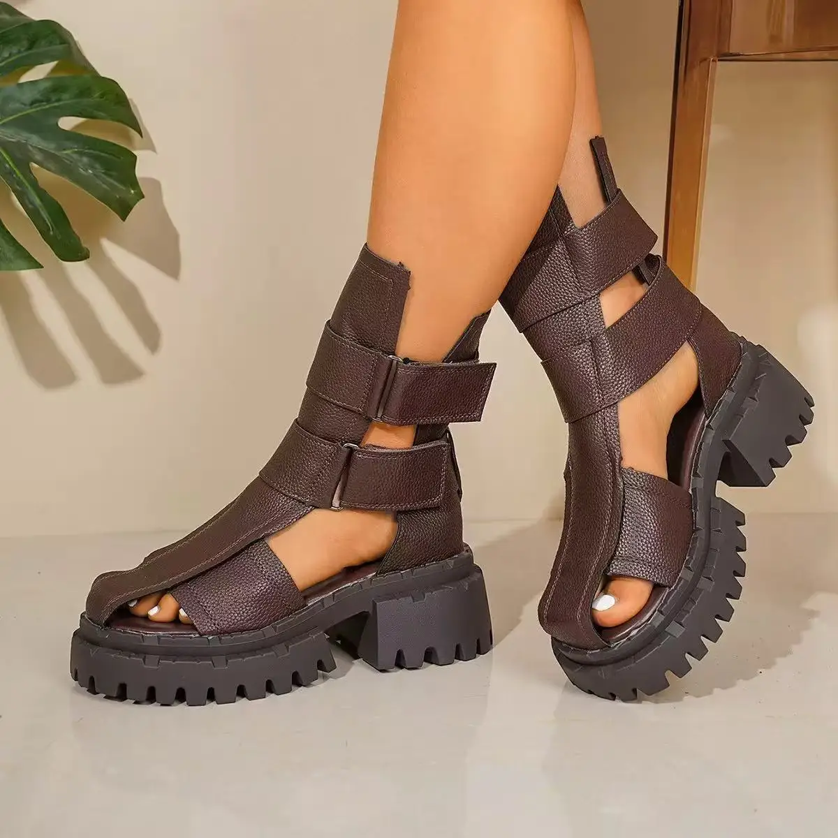 Comfortable Women’s Sandals Retro  Design Hook&loop High-top Summer Roman Sandals Boots Outdoors Lightweight Platform Shoes - view 5
