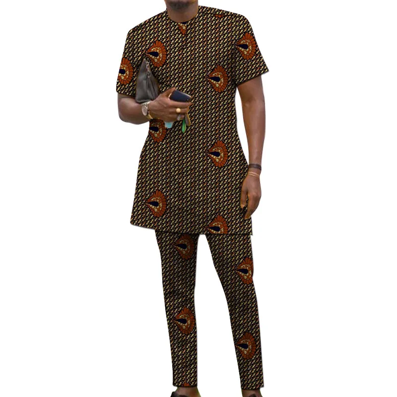 African Print Short Sleeve Simple Set Men\'s Groom Suit Male Nigerian Fashion Pant Sets Wedding Party Outfits