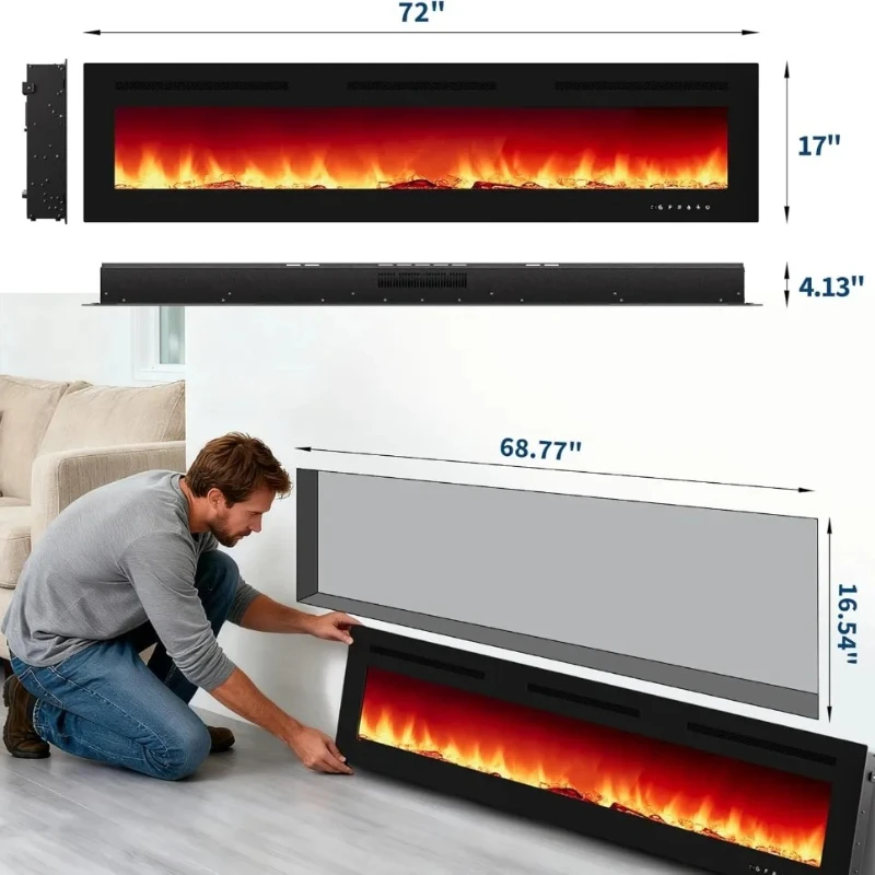 

50-Inch Electric Fireplace Insert with Remote, 3 Heating Modes, 12 Flame Colors, Low Noise Wall Mounted