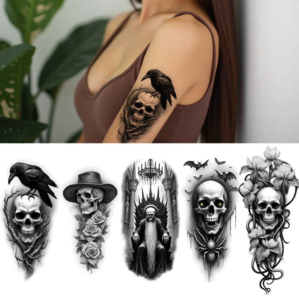 

3pcs Temporary Tattoo Skull With Roses Waterproof Long-lasting Body Stickers Hooded Figure Skeletal King On Throne For Men