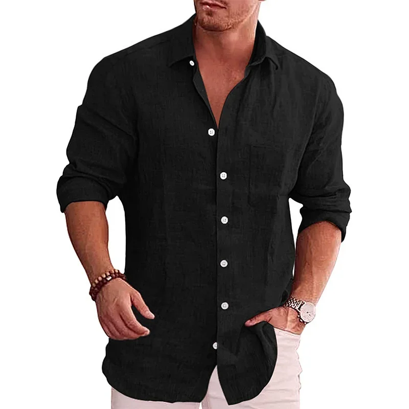 Men\'s Loose Solid Shirt Polo Collar Long Sleeve Shirt Korean Fashion Business Social Shirts For Men Blouse