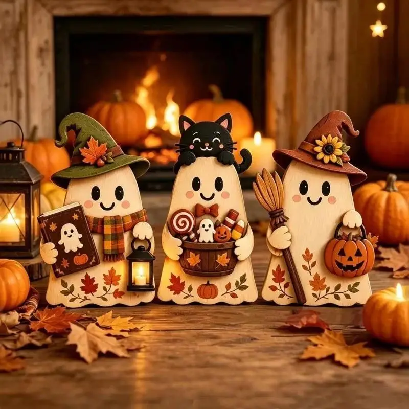 Halloween Wooden Ornament Set 3Pcs Non-Toxic Smooth Pumpkin Ghost for Desktop Home Party Decor