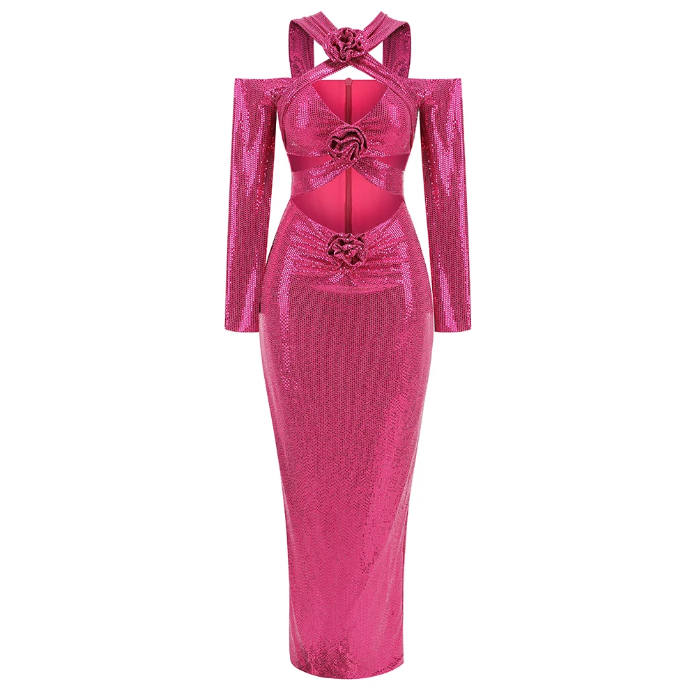Neue Frauen Luxus Party Kleid Sexy Cut Out Shinning Pailletten Schöne 3D Blumen Dekoration Meerjungfrau Elegante Party Kleid Vestido