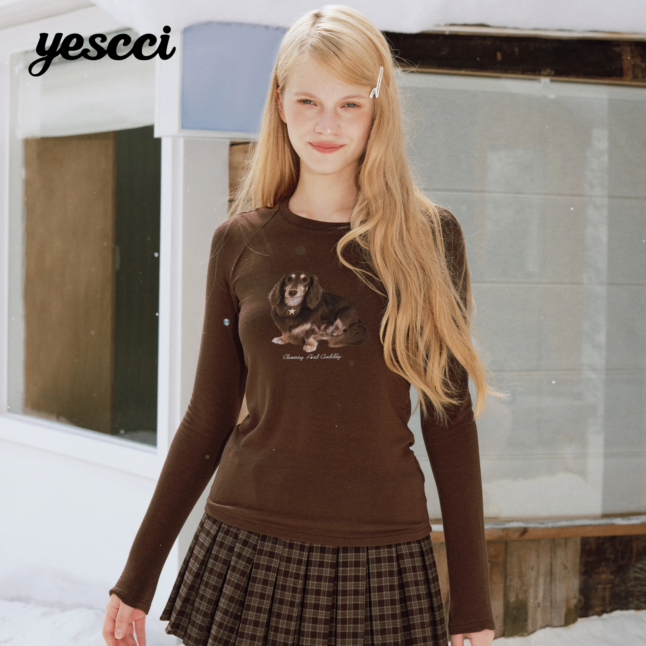 YESCCI Long Sleeve Women's T-shirt Autumn New Brushed Lining Warm Tee Cute Print Cozy Skin-friendly Fashion T-shirt S55421671