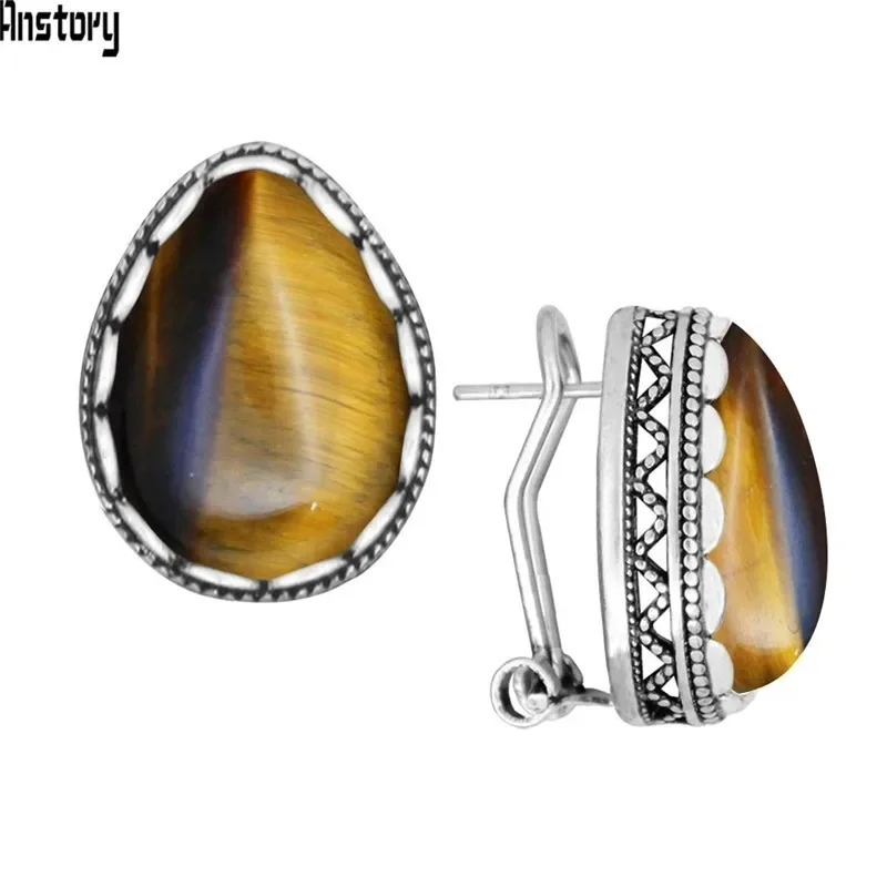 Drop Tiger Eye Stud Earrings For Women Vintage Look Antique Silver Plated Flower Natural Stone Earring