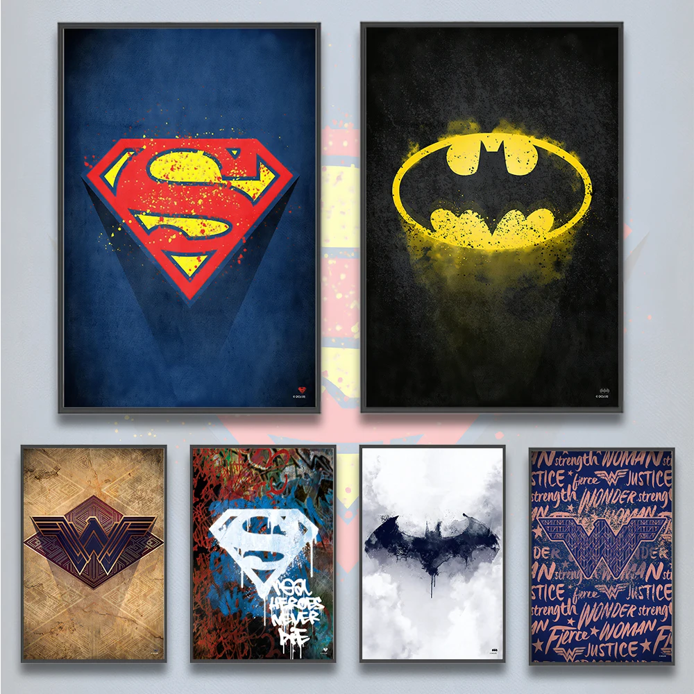 DC Superheld Logo selbst klebende Poster Filmfiguren Home Decoration Malerei Wand kunst Schlafzimmer Superman Dekor Batman Tapete
