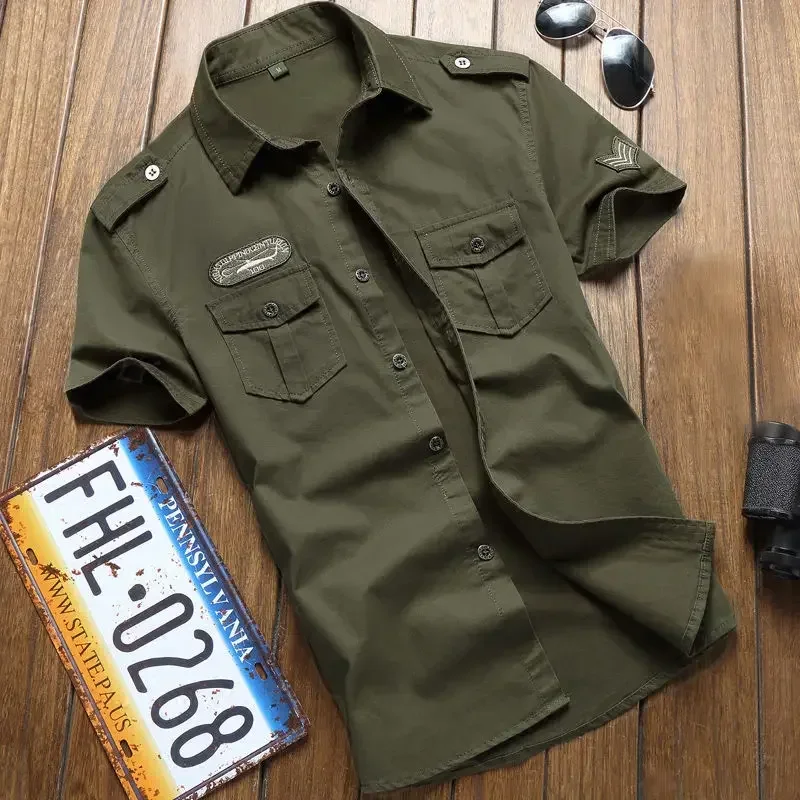 

Shirt Men Tactics Short Sleeve Summer Tops Solid Color High Quality Cotton Pocket Plus Size Man Clothes 2024 Q43