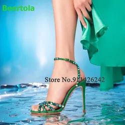 Crystal Sexy Fashion Luxury Deisgner Sandalias For Women 2024 New Round Toe Narrow Band Thin High Heel Slingback Hollow Shoes