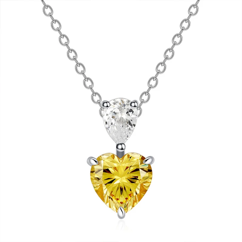 

Necklace European and American S925 Silver Collar Chain High Carbon Diamond Yellow Diamond Heart shaped Pendant Wedding