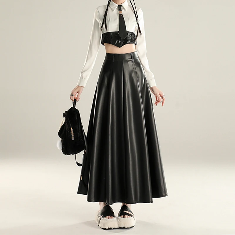 

Women's Black Gothic A-line Leather Skirt Vintage 90s Aesthetic Y2k Long Harajuku Korean Emo Skirts 2000s Summer Clothes 2024