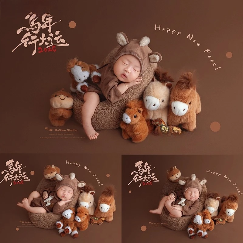 Newborn Photography Props Chinese New Year Horse Theme Set Backdrop Outfit Cute Animals Doll for Studio Photoshoot Accessories